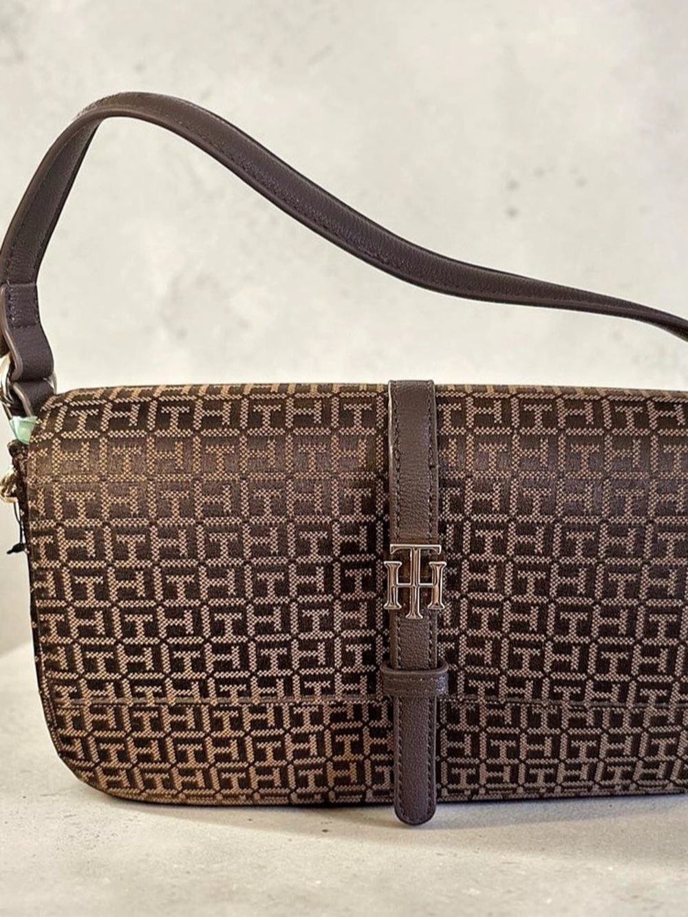 Tommy Hilfiger TH Monogram Jacquard Flap Shoulder Bag Brown & Black